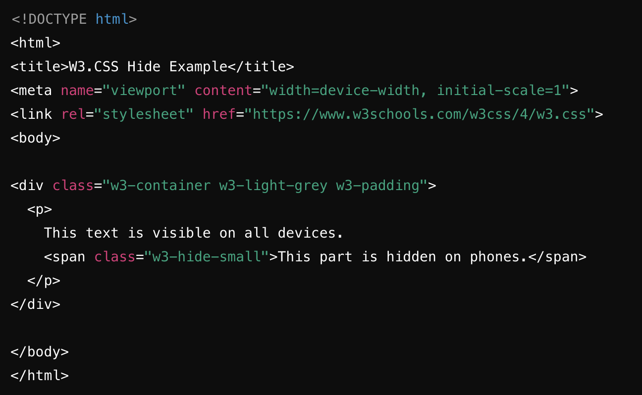 W3.CSS hide code snippet